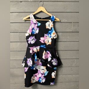 Metaphor Black Watercolor Floral Peplum Dress Sz M Valentines Date Summer Party